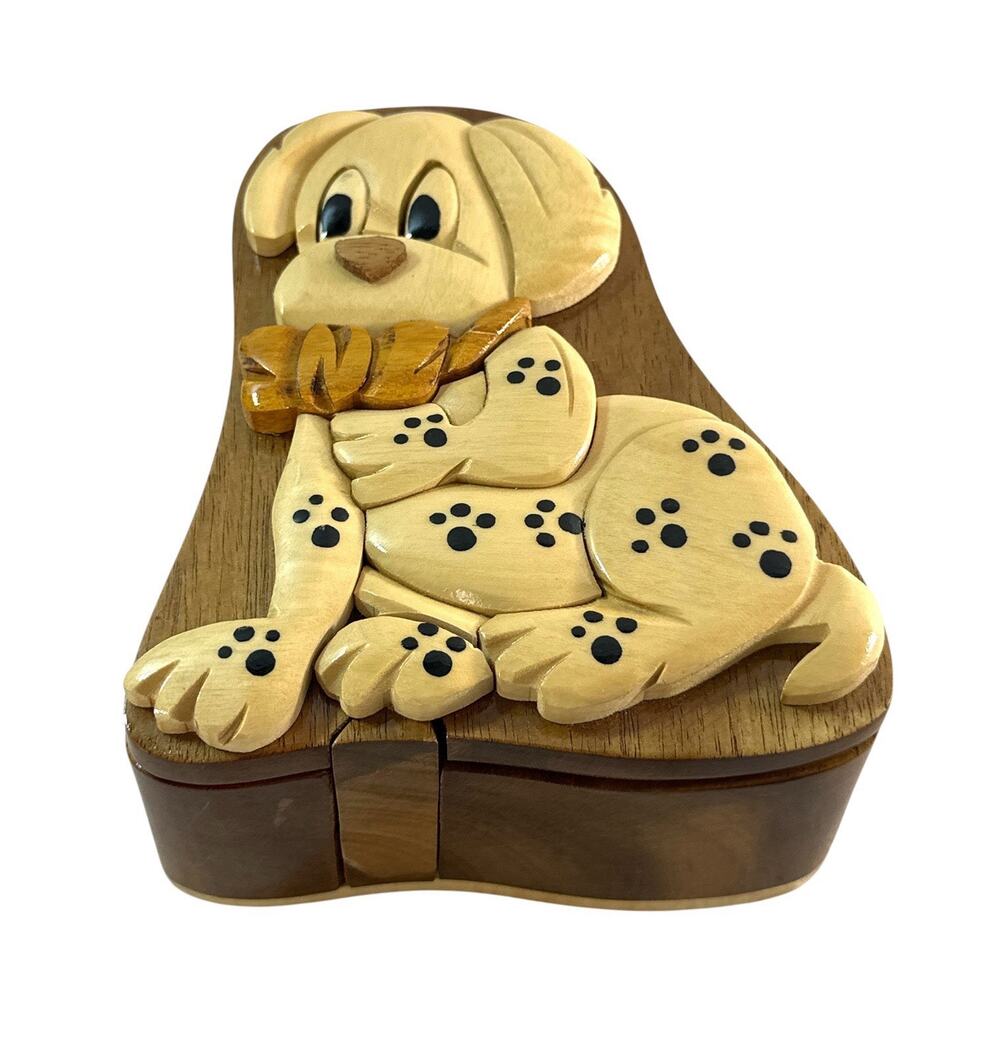 Handmade Wood Dog Puzzle Box Jewelry Trinket Box Paw Print Intarsia